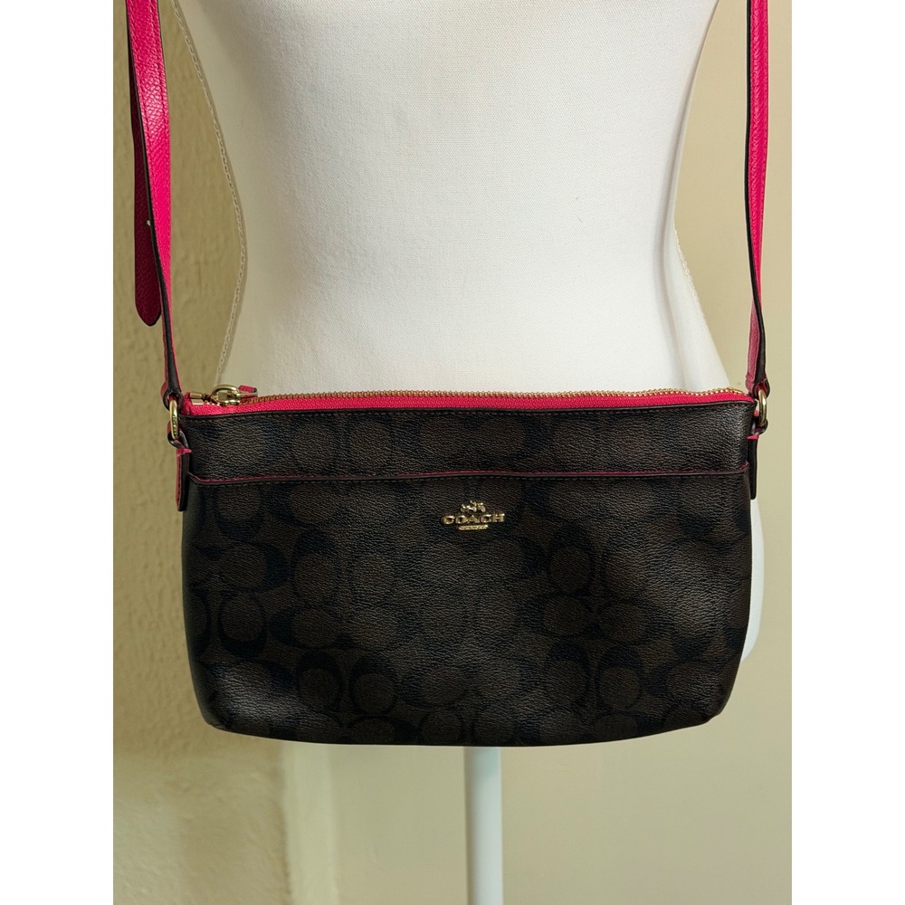 Coach Signature North South Crossbody Bag Brown Pink F58316 Monogram Canvas